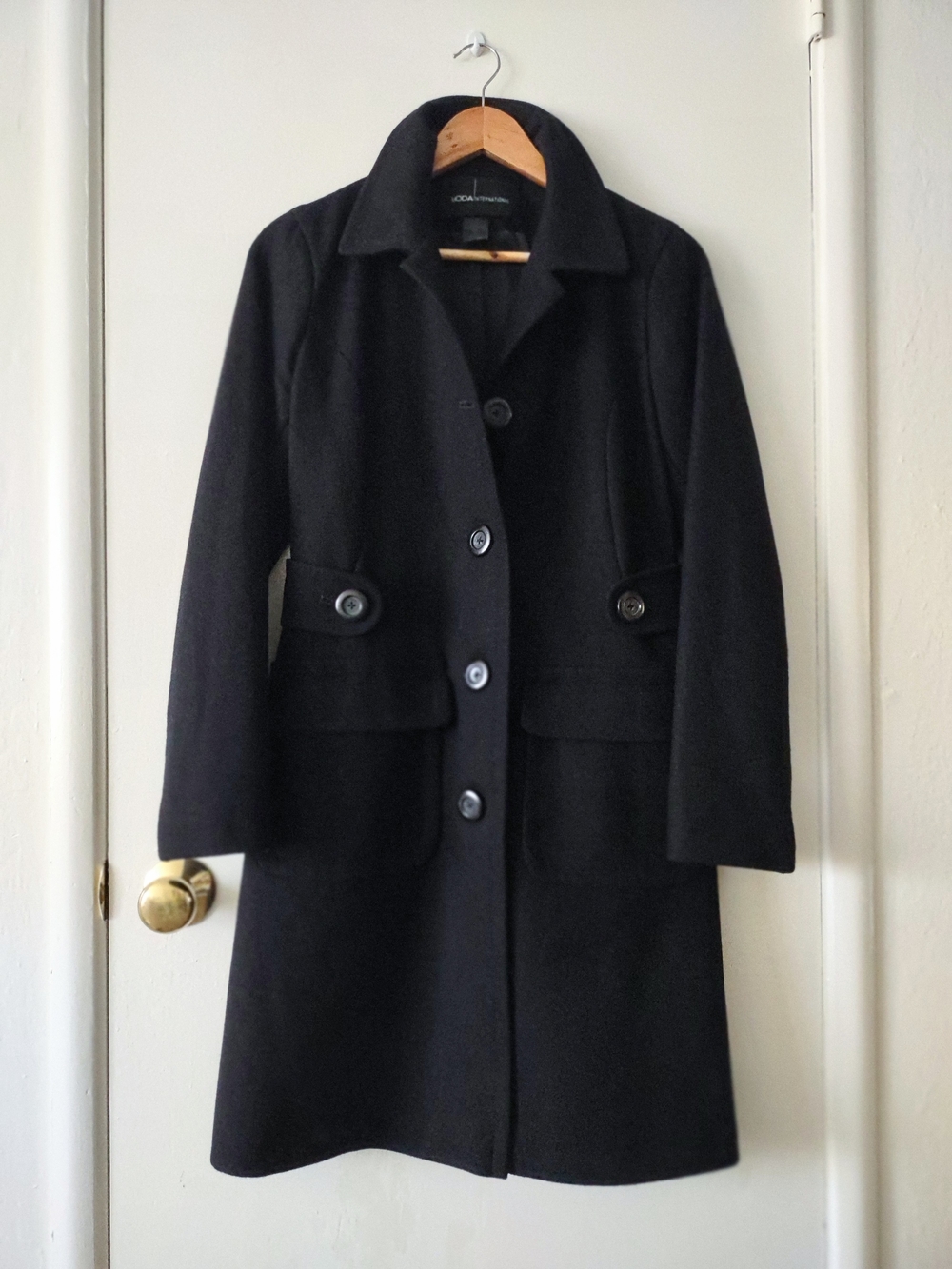 Moda International Classic Black Wool Blend Trench Coat, Size 6